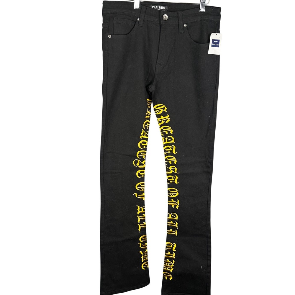 Platform New York Staff Mens Black Yellow GOAT Stacked Denim Jeans 32x36 NEW
